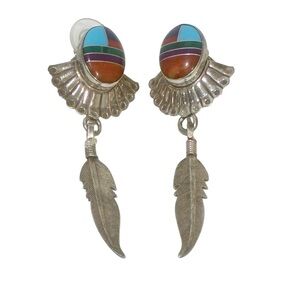 Vintage Sterling Silver Feather Earrings with Multi Stone Inlay Southwestern